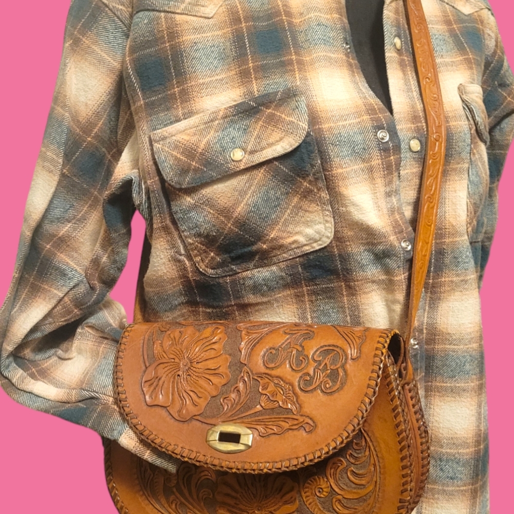 Genuine leather tooled messenger bag